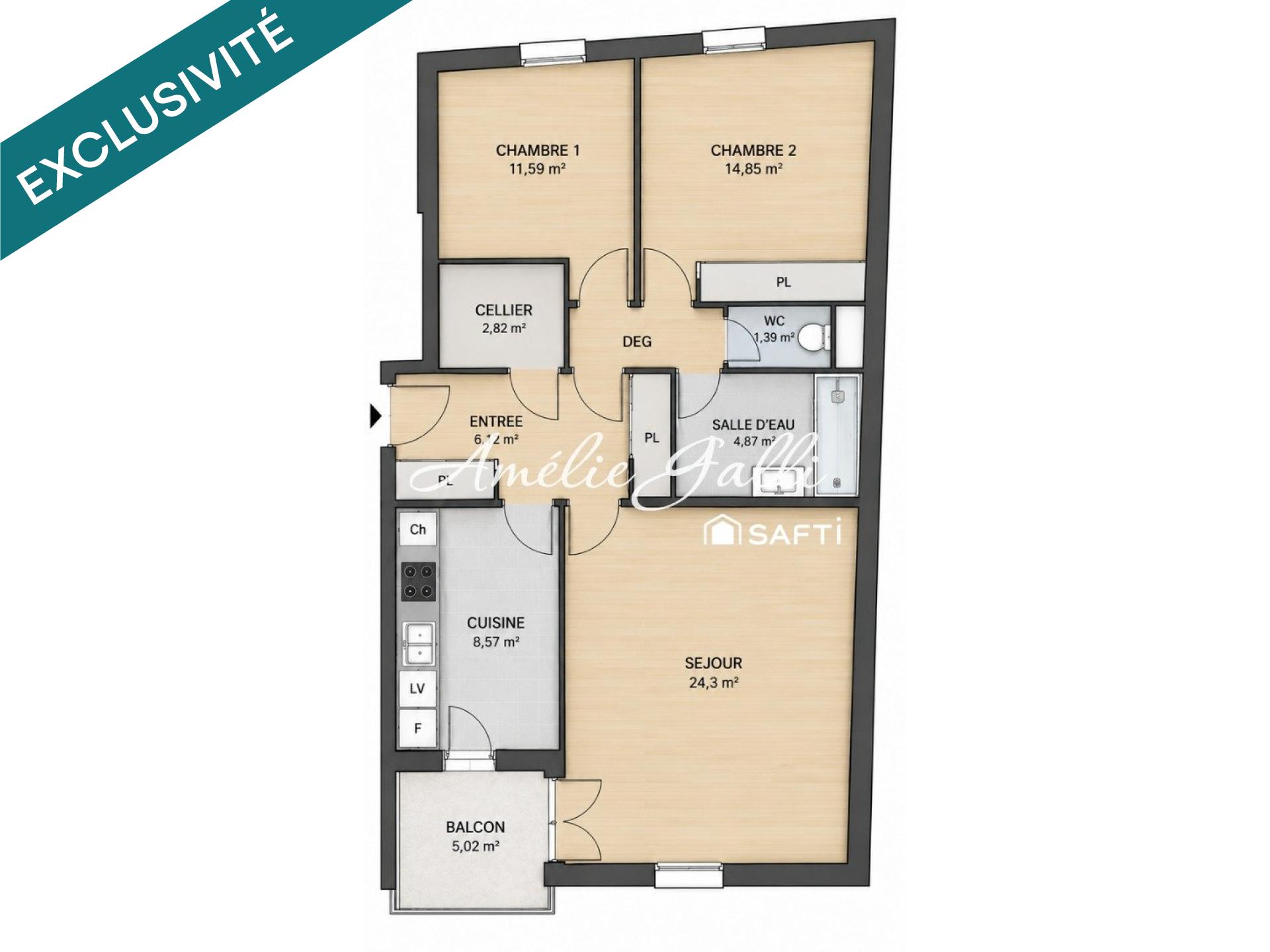 T3 de 77 m² avec balcon au dernier étage